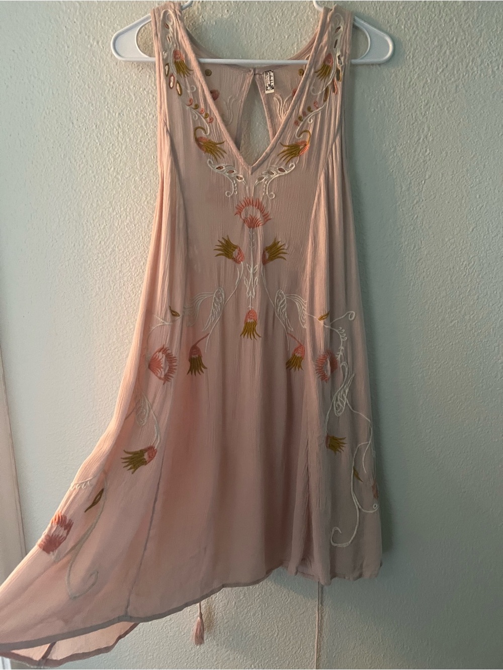Free People Pale Pink Embroidered V-Neck Mini Dress